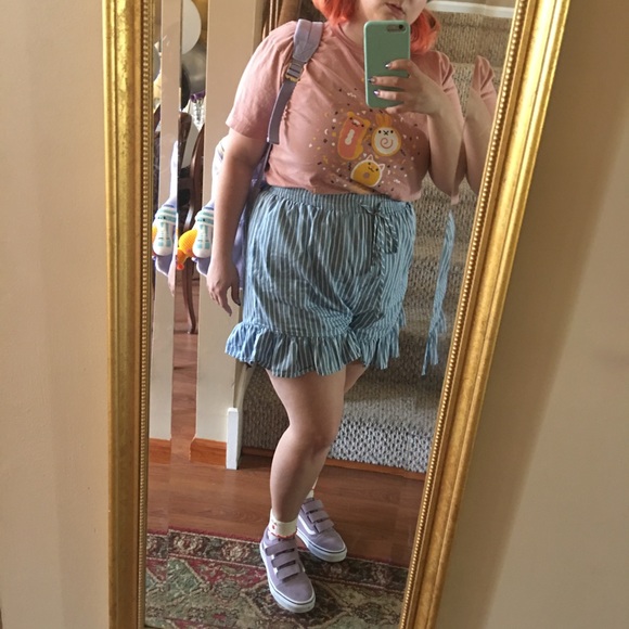 My Violet Blue High Waisted Pull On Pin Stripe Ruffle Shorts - Picture 2 of 5